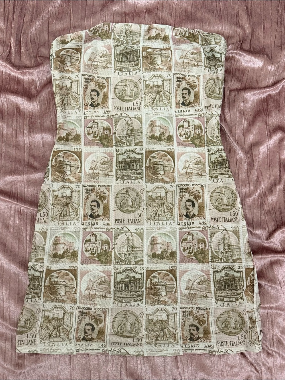 Tiger Mist Beige Light Brown Vintage Stamp Print Strapless Mini Dress